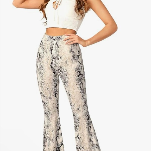 Women's Snakeskin High Waist Casual Flare Bell Bottom Stretch Long Pants - Picture 4 of 6